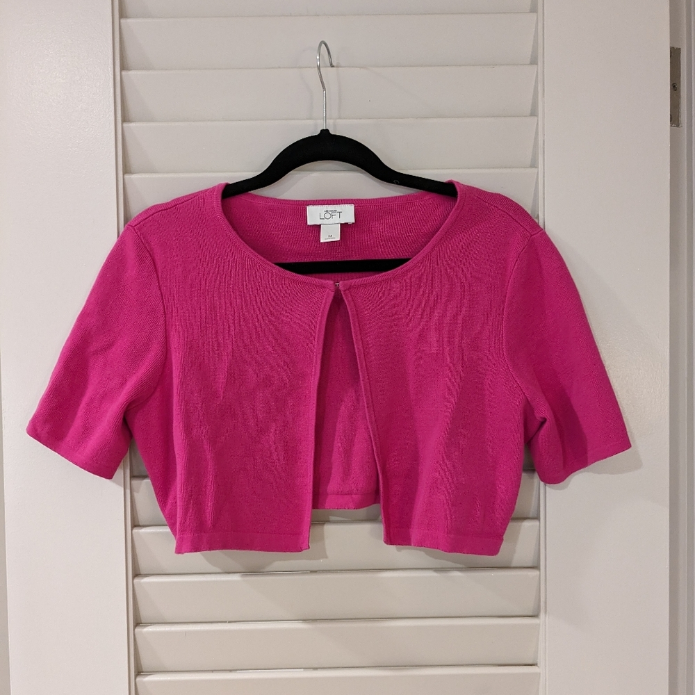 Ann Taylor LOFT Bright Pink Bolero Cropped Knit Sweater (Magenta, Size: M)